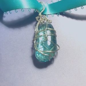 Aqua Glass Pendant w Silvertone Wire Wrap